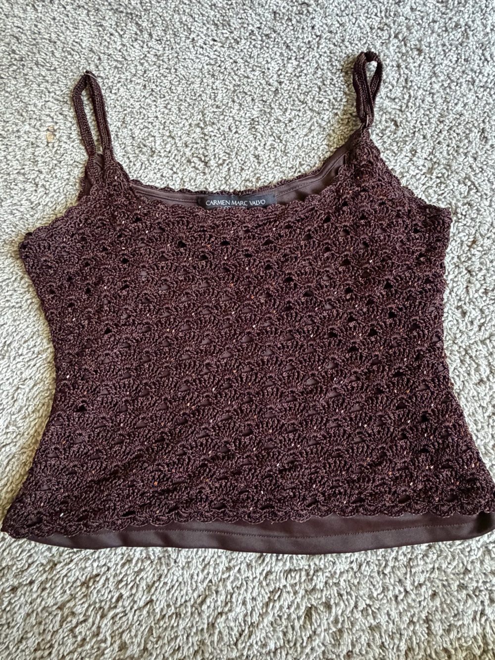 Carmen Marc Valvo Chocolate Brown Crochet Tank